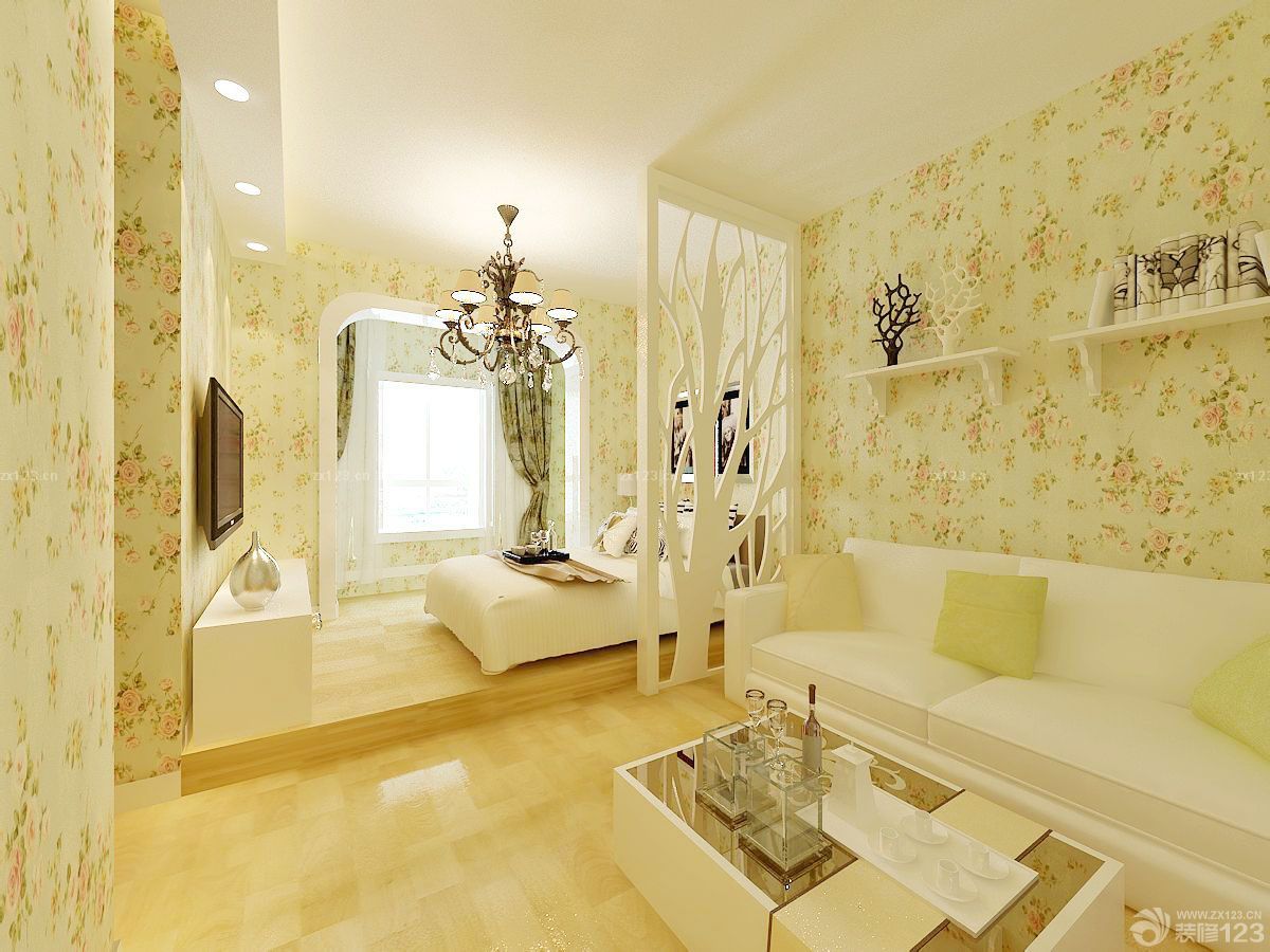 60平方一室一厅小户型客厅壁纸装饰图片_设计456装修效果图
